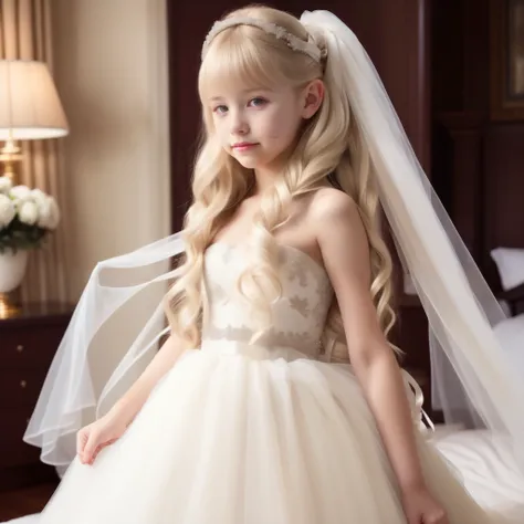 georgeous 10 year old white child girl, very very long blonde hair, bridal hair, hair in high ponytail, bangs hair, ribbons, wearing strapless bridal dress, headband, stockings, bridal veil, super realistic, lente 55 mm abertura f/1.8,with background of be...