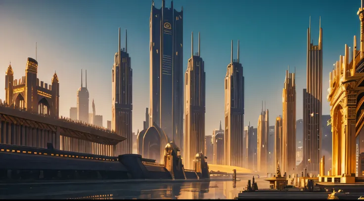 A beautiful legendary epic futuristic golden city