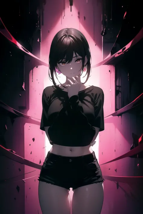 ((((Obra maestra, La mejor calidad, ultrahigh resolution)))), a clear view of a happy looking girl standing in a club waiting for someone)), (black t-shirt, jean shorts, black hair, long dark black hair), pale skin, ((brown eyes)), (glowing_eyes), ((ultra ...