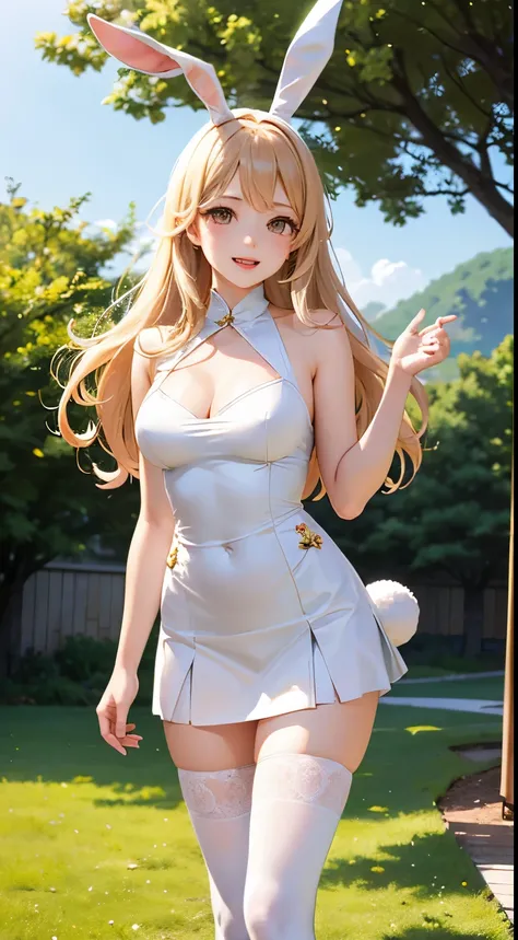 Graceful posture。Smart。Cute girl with bunny ears。Lively and cheerful，Pure white pure girl white gauze 。white stockings.Perfect body proportion。Beautiful body and perfect facial proportions 。Realistic forest。Soft sunlight shines on the lawn。