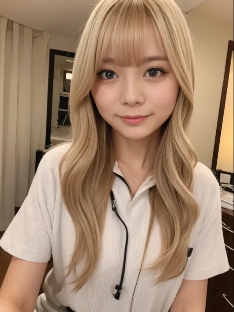 4K、Raw photo、Photoreal Stick、hight resolution、Cute 18 year old woman in Japan , Face like an idol、Light blonde medium wavy hair、With bangs、 Cute Real Photo Girl、、Night shift care staff、Nursing homes