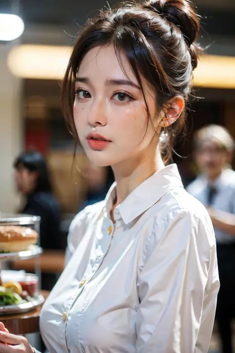 ((Best quality at best)), ((tmasterpiece)), (Detailed pubic hair), Background in food court，Female upper body，Natural and gentle face，frontage，lips are talking，long sleeve work uniform，Hair tied up，中景 the scene iackground bokeh