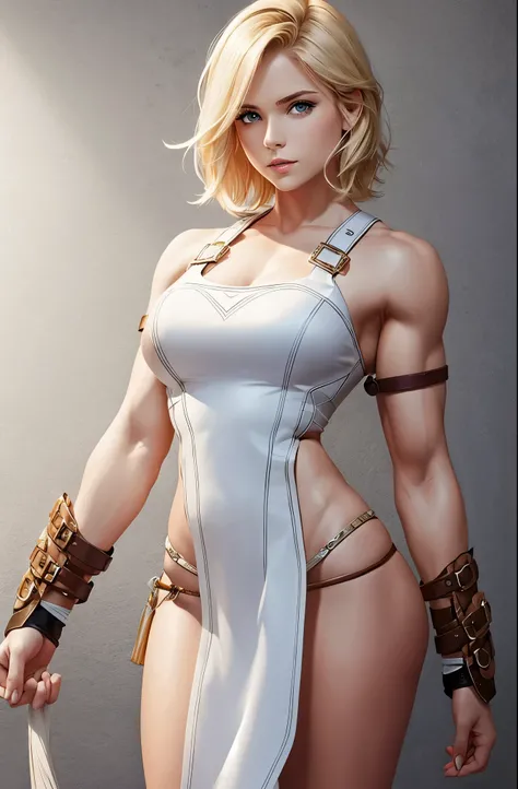 Lithe blonde woman, defined muscles, short wavy hair, barbarian queen, white tunic, leather, straps,  blank background, white background