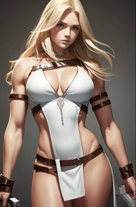 Lithe blonde woman, defined muscles, short wavy hair, barbarian queen, white tunic, leather, straps,  blank background, white background