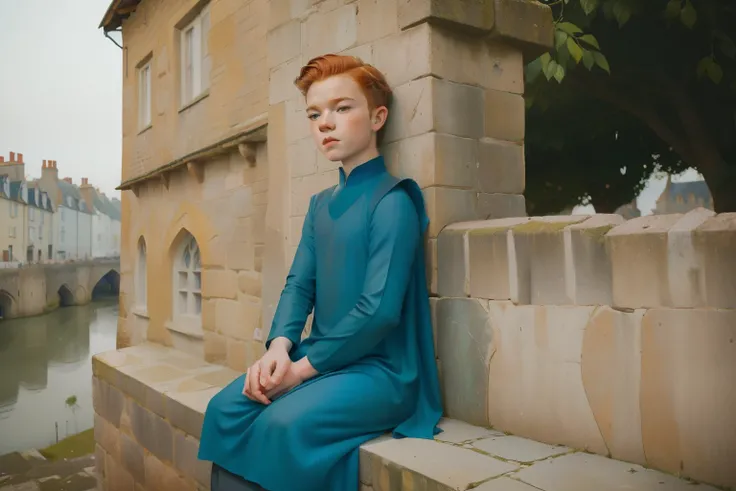 1137, Kingsbridge, England. otherworldly scene in a medieval village, ((((13-year-old)) Cameron Monaghan)), boy sitting on top of a wall, daydreaming, ((in love look)), fascinated, ((((poor plain tunic from the 12th century)))), ((Hairstyle of the 12th cen...