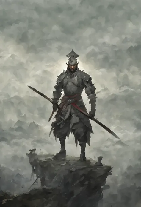 draw a man with a sword，in the mist-shrouded landscape, inspired by somi, author：heroes, author：shen zhou, concept art illustrat...