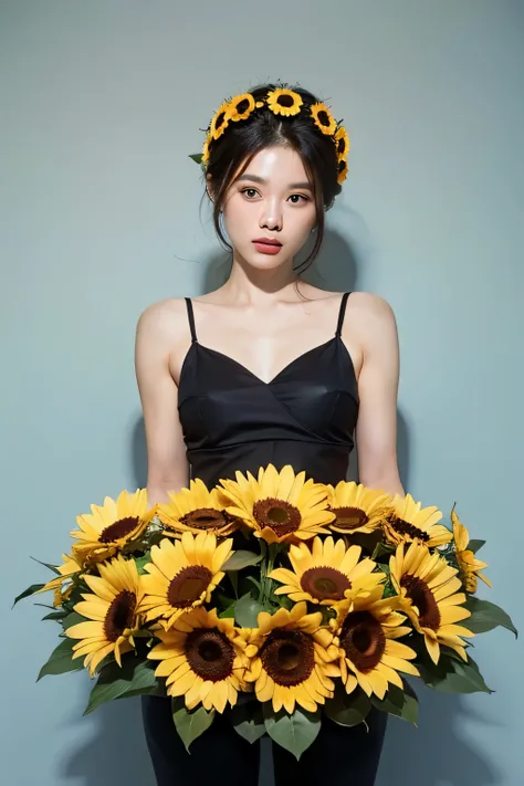 Still life shooting，The photo was taken with only a circular wreath of sunflowers，The background of the image is cyan blue。