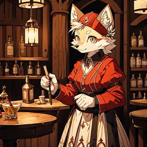 skinny, anthropomorphic wolf, red fur, wearing a medieval bar keeper uniform, middle aged, wearing a blue bow on her head