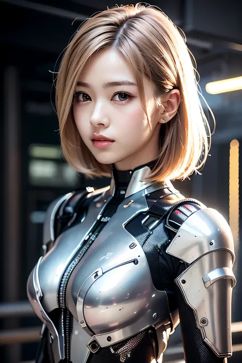 美しい女性のセミ机器人,cyborgs、android、机器人、high quality picture, masutepiece, detailed hair texture, Detailed skin texture, Detailed Cloth Texture, 8K, Add fabric details, ultra-detailliertな肌の質感, ultra-detailliert, Skin pores, Portrait of a girl, Wearing a metal suit...