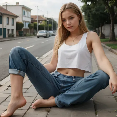 German Blond teen, wearing crop top and hippie pants to school, she is barefoot