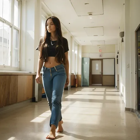 Girl in hippie pants walk barefoot through the school hall, summer time