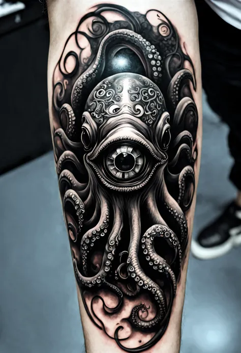 tatuagem surrealista de um polvo gigante, with eyes and several tentacles in black ink