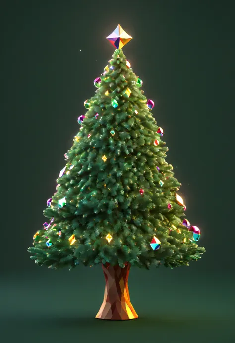 cute lowpoly christmas tree, minimalistic tree with big diamont form of lights, big diamond form bubbles as lights on the christ...