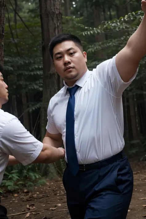 white  shirt、Fat Chinese man in dark blue tie is fighting in the forest