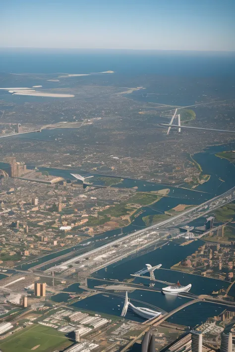 araflane jet flying over a city and a body of water, seen from straight above, the photo shows a large, [ overhead view ]!!, [ overhead view ]!, airborne view, top - down photograph, shot from 5 0 feet distance, in a medium full shot, by Dan Scott, aerial ...