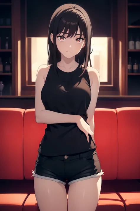 (((Obra maestra, La mejor calidad, ultrahigh resolution))), ((expressive brown eyes)), a clear view of a happy looking girl standing in a club waiting for someone)), (black t-shirt, jean shorts, black hair, long dark black hair), pale skin, ((brown eyes)),...