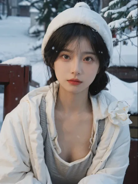 Best quality， 超高分辨率， white backgrounid，（realistically：1.4）， girl， A pair of eyes as clear as snow,Imperial sister，Black long straight， looking at viewert， closeup cleavage ，