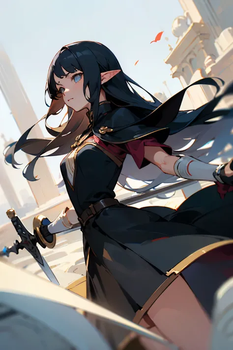 ((best quality)), ((master part)), (circunstanciado), rosto perfeito, elves, anime girl, black dress, long black hair, sword, shild, warrior,