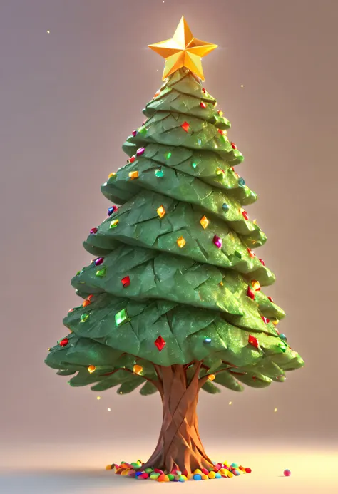 cute lowpoly christmas tree, minimalistic tree with big diamont form of lights, big diamond form bubbles as lights on the christ...