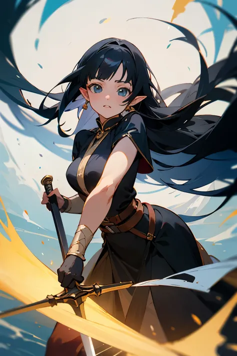 ((best quality)), ((master part)), (circunstanciado), rosto perfeito, elves, anime girl, black dress, long black hair, sword, shild, warrior,