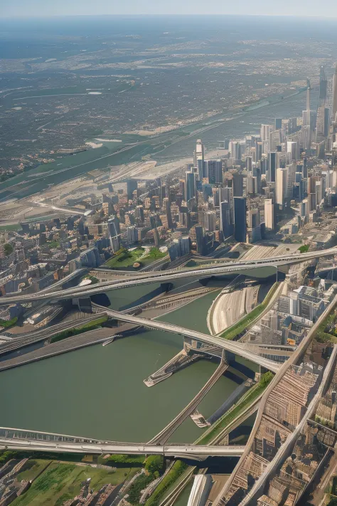 araflane flying over a city with a river and a bridge, lots of bridges, seen from straight above, aerial shot, hyperdetailed pho...