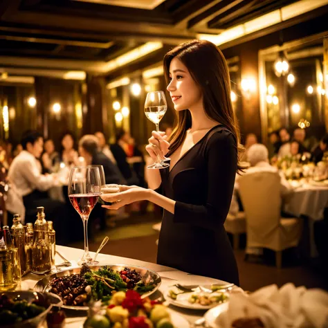 woman standing without clothes Right hand holding a wine bottle There is a left holding a wine glass. At the New Year&#39;s banquet ,HDR ,Realistic,Photograph