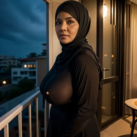 56 years Old, Hijab Malaysian mature woman, Saggy Large Mature Tits : 96.9, Burqa, Tight Burqa, Perfect , Breast about To burst out, at Apartment balcony, Dark light, at Night Time