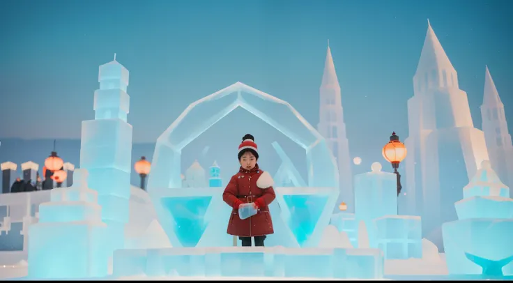 Year: 2023. Activity: Ice Sculpture Festival in Harbin, China.

Description: A meticulously symmetrical scene unfolds as characters, adorned in quirky winter fashion, sculpt whimsical ice creations. The color palette, reminiscent of Wes Andersons films, ac...