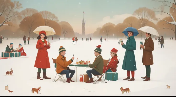 year: 2023. activity: winter picnic in hyde park, london.

description: in a perfectly centered composition, characters dressed ...