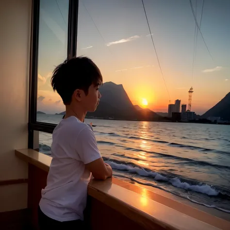 There is a man looking out the window, with the sunset, looking at the sunset, with a the sunset, Watching the sun set. Japanese cartoon, watching the the sunset, looking out at a the sunset, the sunset time, the sunset!!!, ((the sunset)), looking off into...