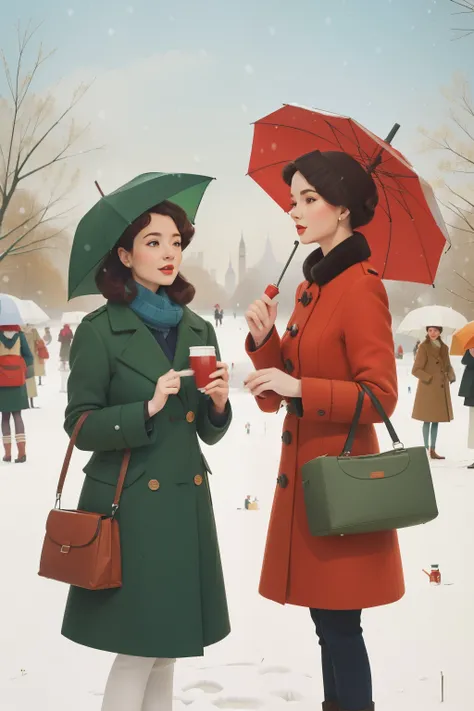 Year: 2023. Activity: Winter Picnic in Hyde Park, London.

Description: In a perfectly centered composition, characters dressed in Anderson-esque retro winter wear enjoy a picnic amid the snow. Quirky details like colorful umbrellas and vintage thermoses a...