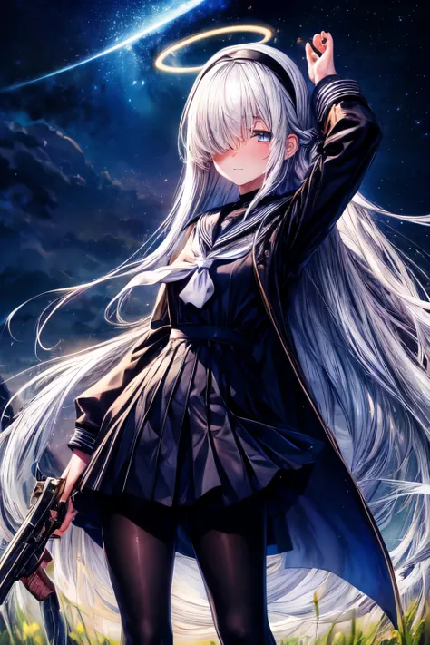 1girl, solo, long hair, hair over one eye, halo, sky, star (sky), weapon, starry sky, pantyhose, white hair, night, hairband, outdoors, gun, neckerchief, very long hair, night sky, grass, sailor collar, school uniform, bangs, arm up, standing, shooting sta...