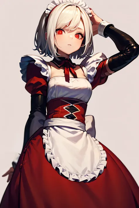 ((masterpiece)), ((high quality)), one girl, android seams, white hair, red glowing eyes, short hair, maid clothes, simple background, perfect hands,