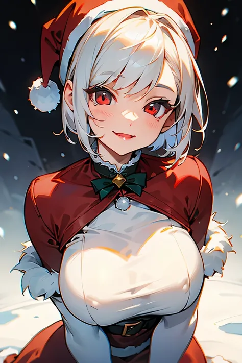 redraw, 1girl, christmas outfit, white short hair, red eyes, big breasts, smile, snow background, masterpiece, ultra-detailed