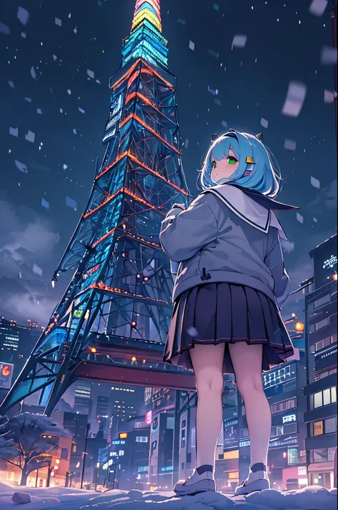 Best Quality,超A high resolution,1girl in,Solo,Full body,Snow,city,, Blue hair,Green eyes,nffsw,School uniform,bbw、Night、Looking up at Tokyo Tower