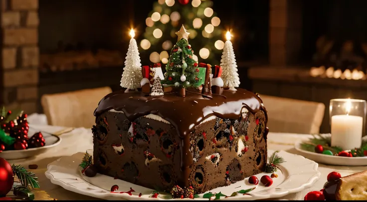 christmas log, traditional christmas cake, buche de noel, chocolate, pastry, decorated with christmas themed elements, family meal and tradition, light and christmas tree in the background