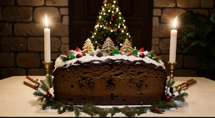 christmas log, traditional christmas cake, buche de noel, chocolate, pastry, decorated with christmas themed elements, family meal and tradition, light and christmas tree in the background