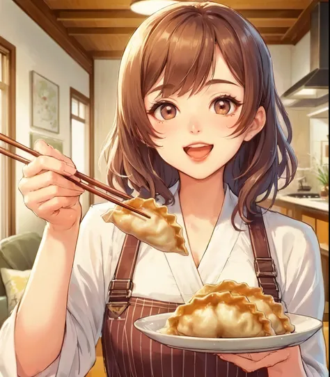 1lady solo, (holding up (gyoza dumplings) with chopsticks:1.2), (presenting dumplings towards viewers), (stylish outfit) apron, mature female, /(brown hair/) bangs, blush happy smile (open mouth), (masterpiece best quality:1.2) delicate illustration ultra-...