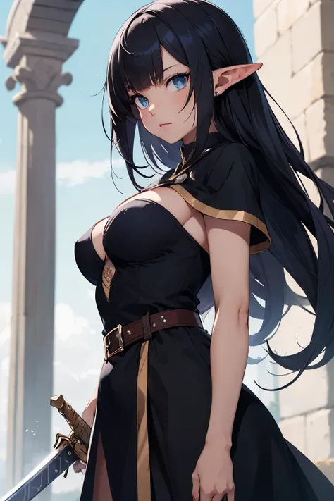 ((best quality)), ((master part)), (circunstanciado), rosto perfeito, elves, anime girl, black dress, long black hair, sword, shild, warrior, dark, blue eyes