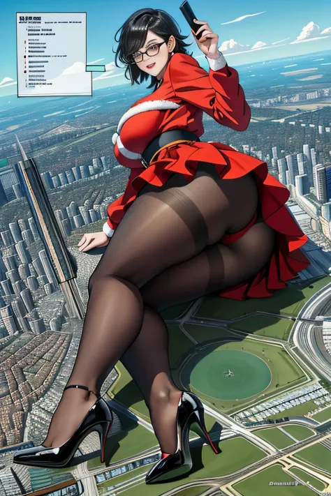 der riese art, 非常に詳細なder rieseショット, der riese, Shorthair, Giant woman bigger than a skyscraper, Wearing rimless glasses, Colossal tits, Big ass, Red Santa Dresses, Black pantyhose, Her shoes are high heels and stiletto red sandals., very small metropolis, ...