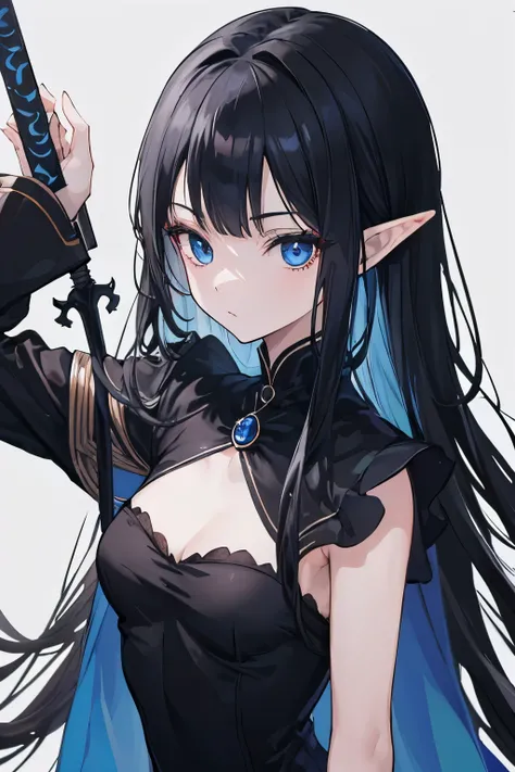 ((best quality)), ((master part)), (circunstanciado), rosto perfeito, elves, anime girl, black dress, long black hair, sword, shild, warrior, dark, blue eyes