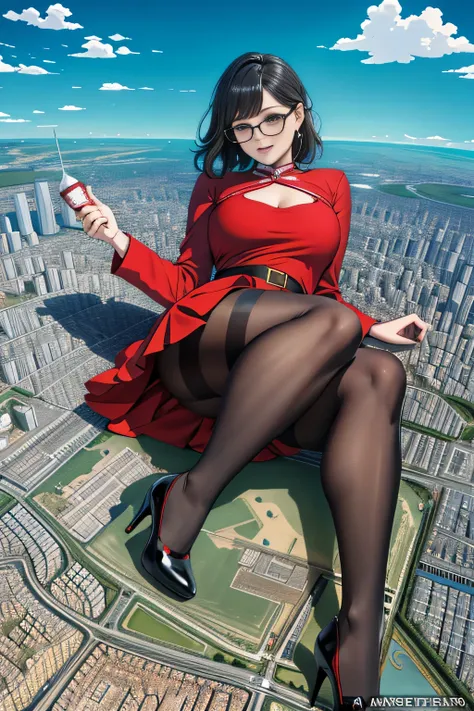 der riese art, 非常に詳細なder rieseショット, der riese, Shorthair, Giant woman bigger than a skyscraper, Wearing rimless glasses, Colossal tits, Big ass, Red Santa Dresses, Black pantyhose, Her shoes are high heels and stiletto red sandals., very small metropolis, ...