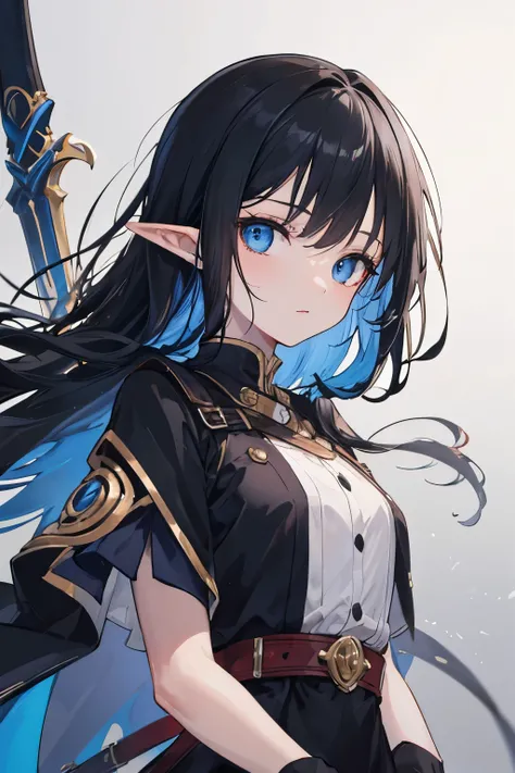 ((best quality)), ((master part)), (circunstanciado), rosto perfeito, elves, anime girl, black dress, long black hair, sword, shild, warrior, dark, blue eyes