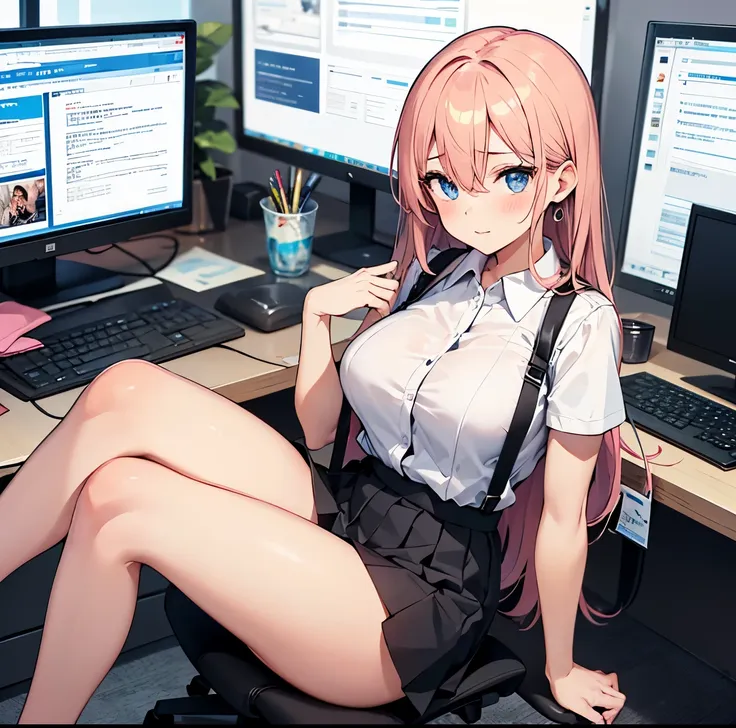 7th march, 7th_march, 1 girl, solo, ((white suspenders)),(transparent:1.2), black thighs, breasts, big breasts, uniform, office ...