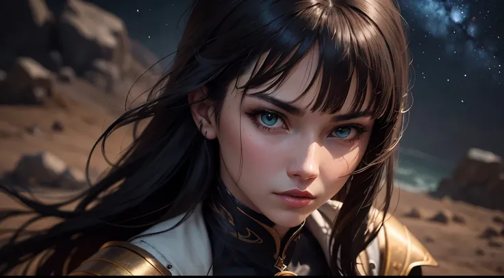 Brunette with a strong-willed arrogant look, Cyan eyes, Realistic, Charismatic,  Background of cosmic sky and stars. many details, The theme of medieval fantasy, long black hair with bangs, 25 years, full - body, The face of the princess, 真实感, Cinematic li...