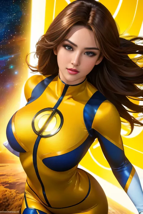 (best quality,4k,8k,highres,masterpiece:1.2),ultra-detailed,(realistic,photorealistic,photo-realistic:1.37),,superhero,sexy ,(Masterpiece, 4k resolution, ultra-realistic, very detailed) masterpiece, best quality, 1girl, , brown eyes, yellow lantern costume...