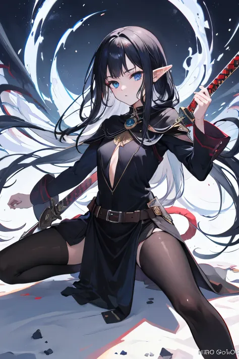 ((best quality)), ((master part)), (circunstanciado), rosto perfeito, elves, anime girl, black dress, long black hair, sword, shild, warrior, dark, blue eyes, fullbody