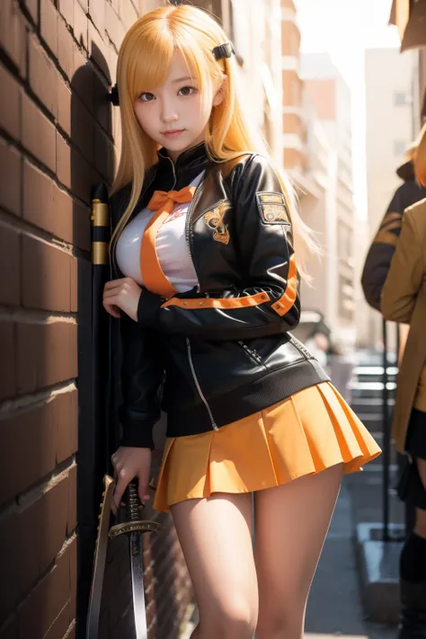 High school girl with a sword Esbian、Miniskirt Uniform（fluorescent orange）、、、Light blonde hair、boots with screws、