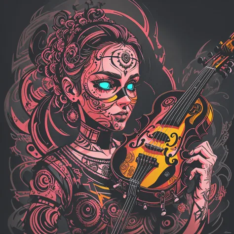 T-shirt art, 2D, ((black background: 1, 5)), vector, vivid colors, violin play, punk style, dystopian stage, masterpiece, best quality, intricate details, perfect symmetrical face, rim light, moonlight, cinematic shading, Greg Rutkowisk --auto --s2