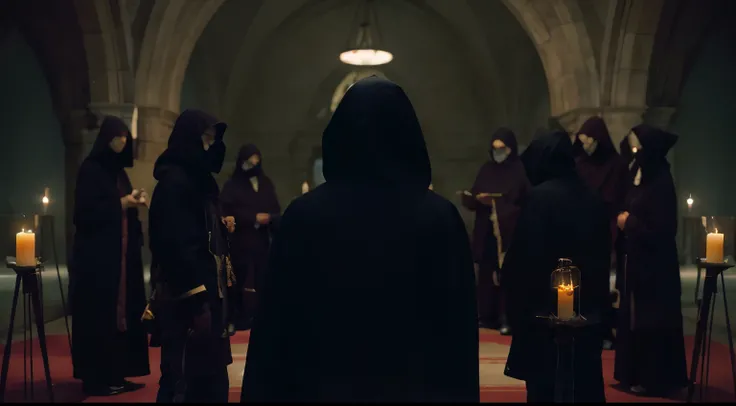 a group of people in black hoods with candles